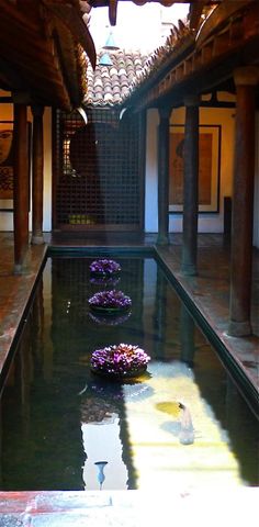 an indoor pool with flowers in the water