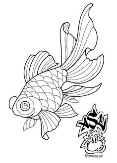 a black and white drawing of a goldfish with the word fish on it's side