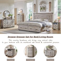 an advertisement for a bedroom set with drawers, bed and dressers in various styles