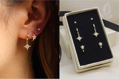 ❤More Style at https://www.etsy.com/ca/shop/HintFineJewelry PLEASE READ BEFORE PLACING YOUR ORDER. 📣Update 2022/08/29 📣 We have improved star dangle hoops inner diameter to 9 mm to fit everyone:) No more sizing issues.  STARBURST HOOP EARRING SET ----------------♥ MATERIAL ♥-------------------- 18K Gold Thick Plated on Sterling Silver Also available in 925 Sterling Silver Rhodium plated. This reduces tarnishing compared to non-plated sterling silver. ----------------♥ SIZE ♥------------------- Star Hoop Earrings, Starburst Earrings, Jewelry Earring, Hoop Earring Sets, Celestial Jewelry, Valentine's Gift, Earrings Etsy, Jewelry Earrings Hoops, Ear Jewelry