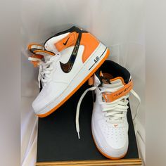 Go Back To School In Style Limited Edition Nike Air Force 1 Mid High Tops. "I Got Next" Orange, Black (Leather), And White. Size 9 1/2. Pet/Smoke Free Home. Ships Same Day. No Box. Nike Air Force 1 Mid, Air Force 1 Mid, Go Back To School, Mid Top, Going Back To School, Nike Air Force 1, White Nikes, Air Force 1, Nike Air Force