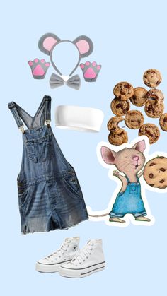 an image of some food and clothing on a light blue background with pink ears in the middle