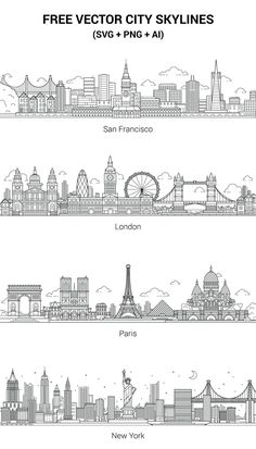 three city skylines in black and white with the names of different cities on them