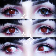 three pictures of the same woman's eyes with red and white contacts on them