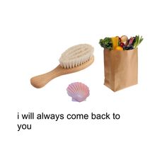 there is a wooden brush next to a paper bag with vegetables and seashells in it