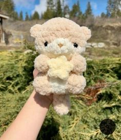 a hand holding a small teddy bear in front of some bushes and trees with a house in the background