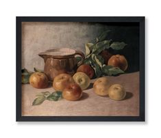 a painting of apples and a pitcher on a table