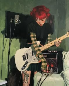 a painting of a woman with red hair playing an electric guitar