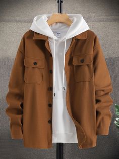 Brown Casual Collar Long Sleeve Fabric Plain Regular Embellished Slight Stretch  Men Outerwear Cute Hoodies For Men, Hoodie And Joggers Outfit Men, Cool Men Outfits, Casual Men Clothes, Hoodie And Jacket Outfit Men, Cute Outfits For Men, Modern Outfits Men, Fall Fashion Outfits Men, Men’s Hoodies