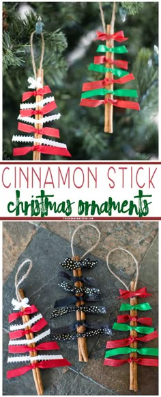 christmas ornaments made out of sticks and ribbon