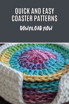 crocheted coasters with text overlay that reads quick and easy coaster patterns