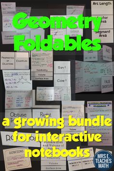 a poster with some notes on it and the words, geometric foldables written in green