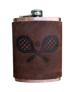 a flask with two tennis racquets on the front and one in the middle