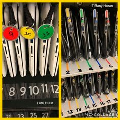 there are many different types of pens and numbers on the shelves in this store together