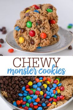 two cookies with m & m's on top and the words chewy monster cookies above them