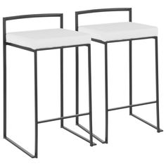 two white stools sitting next to each other on a white surface with metal legs