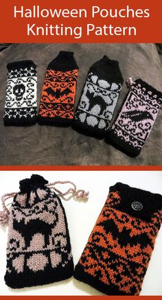 four knitted halloween pouches sitting on top of each other