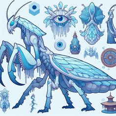 an image of a blue creature with ice on it's body and eyes, surrounded by other things