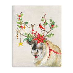 a painting of a goat with christmas decorations on it's antlers and nose