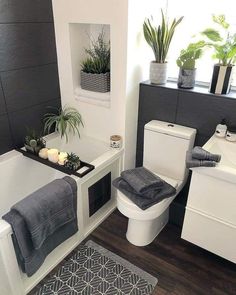 a white toilet sitting next to a bath tub in a bathroom under a window with potted plants