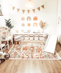 a living room filled with lots of furniture and decor on top of a wooden floor