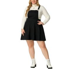 Showing off a solid color and flattering suspender skater skirt, this ladylike design is as versatile as stylish. This suspender skirt has a flattering high waist and a flared hem that finishes above the knee for a cute look. Featuring a classic design, it has a single pocket in front of the chest, a side zip-up, and features an A-line shape to enhance the flared cut. Measurement (in inches) International Size----------Waist Girth----------Hem Girth 1X------------------------------37 ----------- Lightweight Skirt, Overall Skirt, Boho Beach Dress, Suspenders For Women, Denim Overall Dress, Plus Size Brands, Suspender Skirt, Overall Dress, Green Skirt