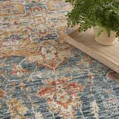 a rug with a potted plant in it on the floor next to an area rug