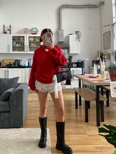 Chlo Davie, Red Accent Outfit, Red Pullover Outfit, Red Top Outfit, Red Sweater Outfit, Turtleneck Sweater Outfit, Cherry Sweater, Christmas Sweater Outfits, Fits Inspiration