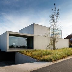 a modern house with grass on the roof and side walk leading up to it's entrance