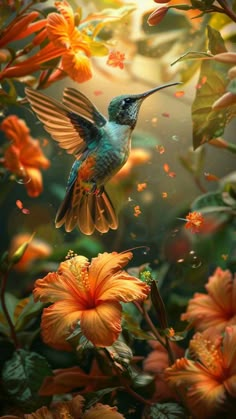 a hummingbird is flying over flowers in the air with its wings spread wide open