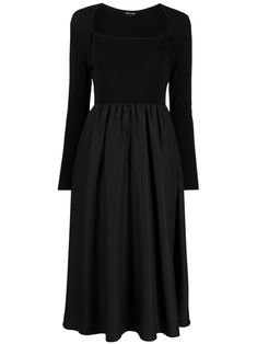 black stretch-cotton square neck long sleeves fitted waistline flared skirt calf-length Black Ankle Length Dress, Sleeves For Women, Calf Length Skirts, Grey Midi Dress, Ankle Length Dress, Midi Dress Black, Dress With Long Sleeves, Dress Home, Flared Skirt