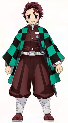 an anime character with red hair wearing a green and black coat, standing in front of a white background