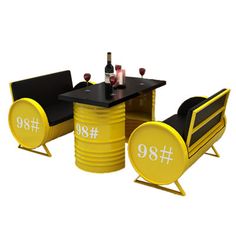 two chairs and a table with wine bottles on it in front of a white background