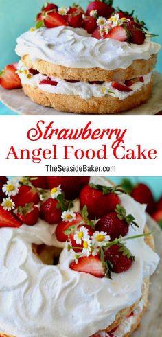 strawberry angel food cake with whipped cream and strawberries on top