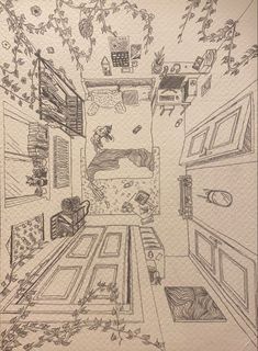 a drawing of a living room with lots of furniture and plants on the walls,