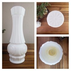 three different views of a white vase on a table