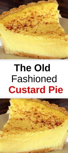 two slices of old fashioned custard pie on a white plate with purple border