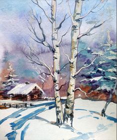 watercolor painting of two trees in winter with snow on the ground and cabin in background