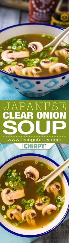 two bowls of soup with chopsticks in them and the words japan fresh clear onion soup