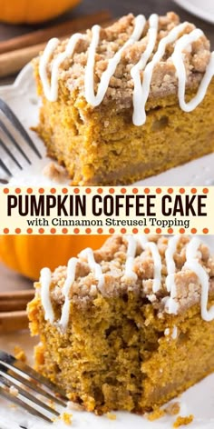 two slices of pumpkin coffee cake with cinnamon drizzle topping