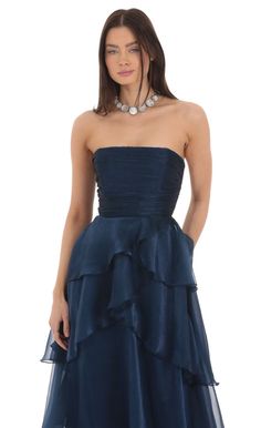 Corset Ruffle Strapless Maxi Dress in Navy Formal Dresses Maxi, Graduation Guest Outfits, Senior Hoco, Folklore Dress, Tudor Period, Formal Ideas, Prom Dress Inspo, Strapless Ruffle Dress, Night Beauty