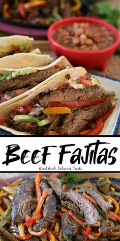 beef fajitas with peppers, onions and green beans on a plate next to a bowl of salsa