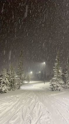 the snow is falling and there are trees on the side of the road with lights in the distance