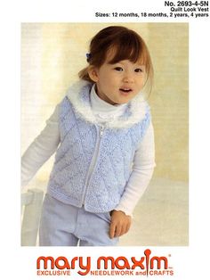 Mary Maxim - Quilt Look Vest Pattern - Free Patterns - Patterns & Books Vest Patterns, Vest Pattern Free, Toddler Vest, Mary Maxim, Knit Crochet Patterns, Yarn Accessories, Crafts For Children, Yarn For Sale, Knitting Needles Sizes