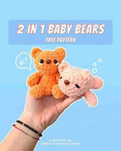 two teddy bears sitting next to each other in front of a blue background with the words, 2 in 1 baby bears free pattern