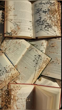 an open book sitting on top of a table next to some dried flowers and grass