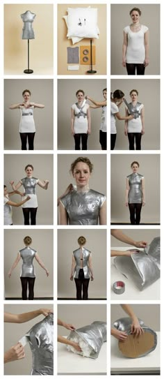 a series of photos showing how to make a woman's silver top with an apron