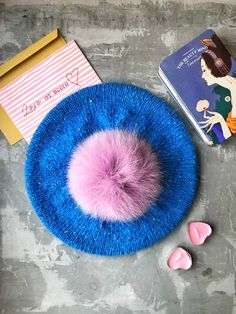 Stylish classic handmade beret from SoftDonegalTweed "Bright water" with lilac fur pomp. Winter hat Blue Glasses, Blue Accessories