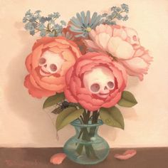 a painting of three flowers in a vase with a skull face on the top one