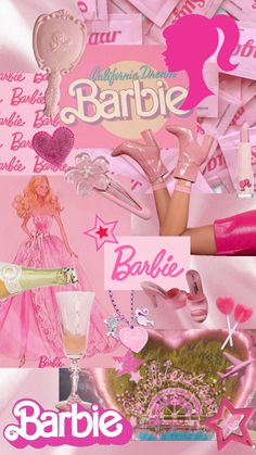 barbie doll collage with pink background and text that says barbie, barbie is the most beautiful girl in the world